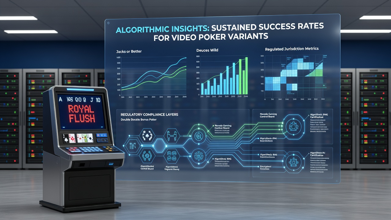 Regulatory compliance dashboard showing video poker success rate trends across multiple jurisdictions
