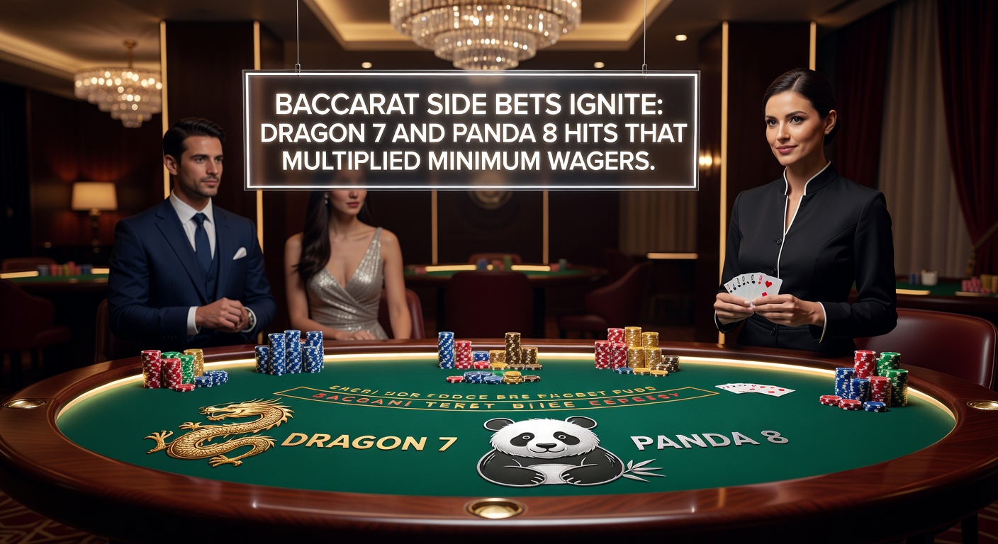 Excited player stacking chips after a massive Panda 8 side bet payout at a bustling baccarat table