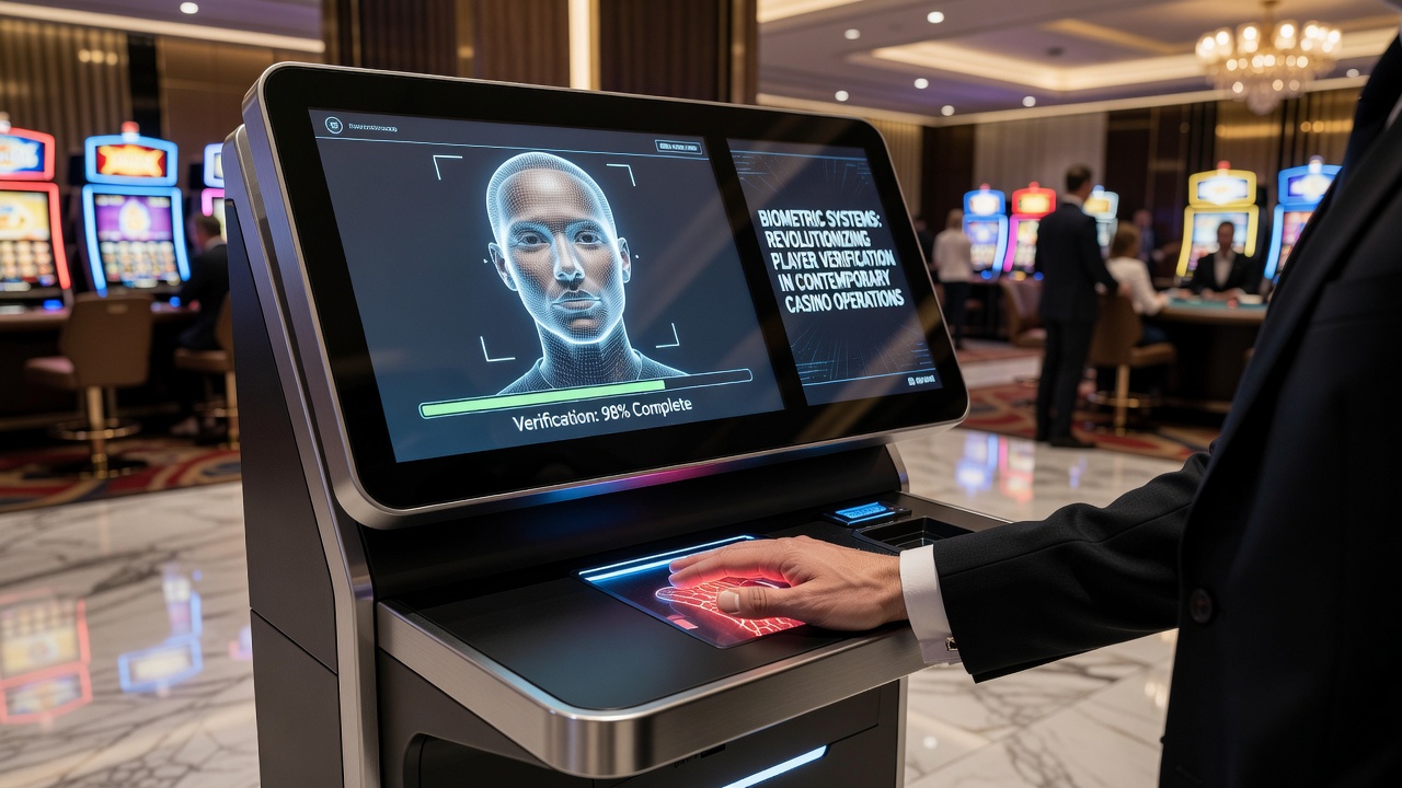 Close-up of facial recognition scanner at a casino entrance with digital display showing verification status
