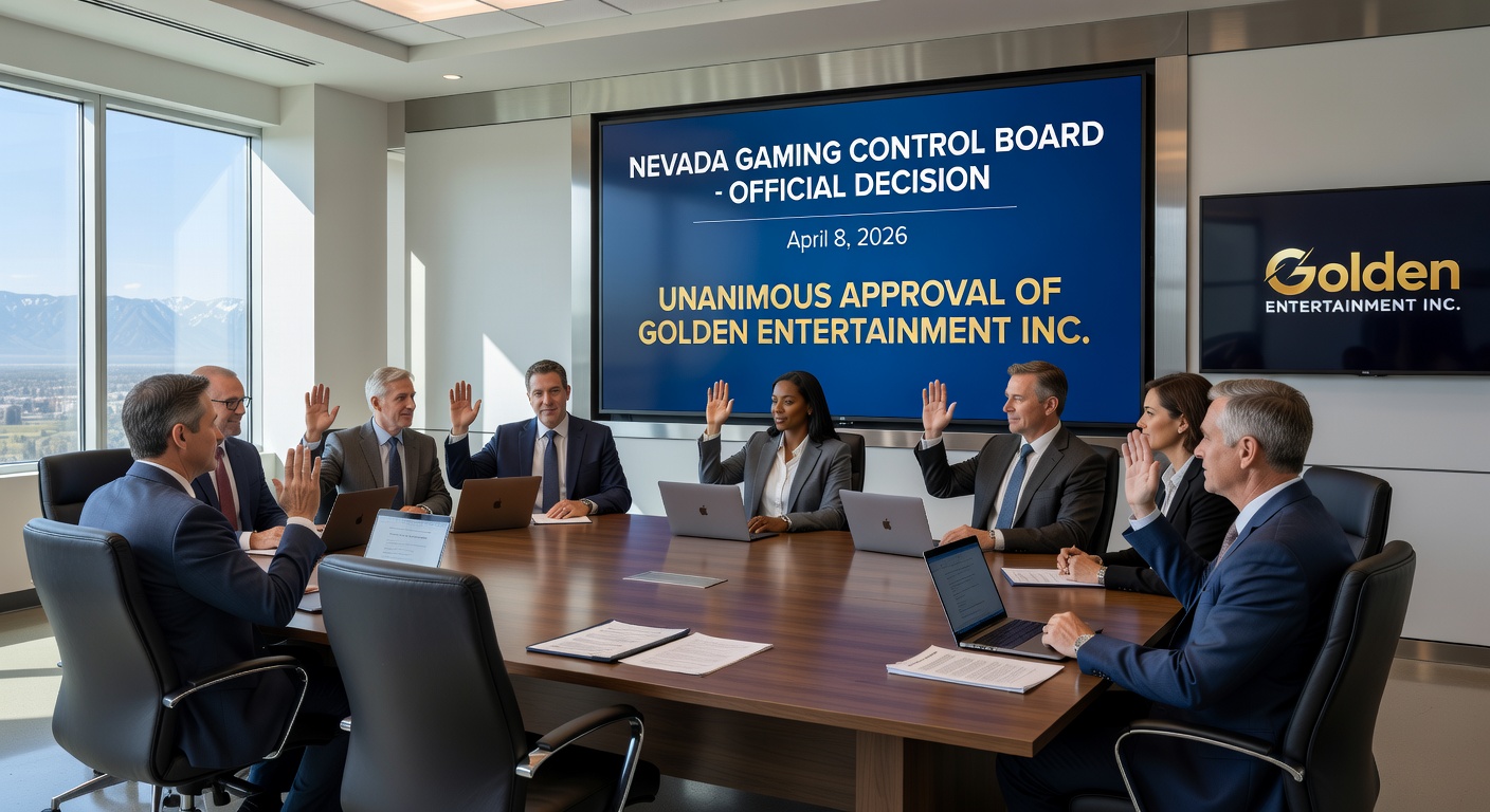Close-up of Nevada Gaming Control Board meeting room with documents and officials discussing approvals