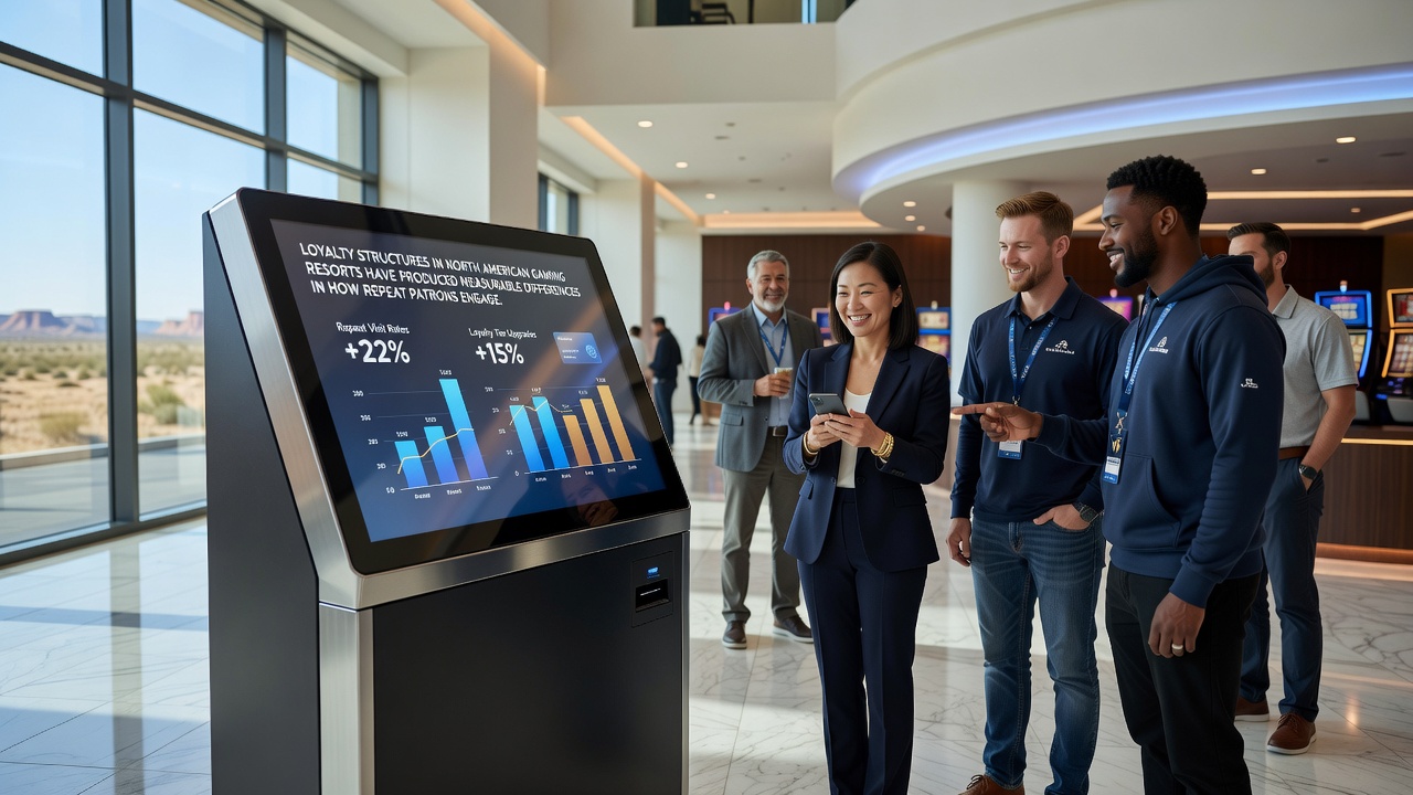 Casino floor view showing loyalty card readers at gaming stations and players tracking points in real time