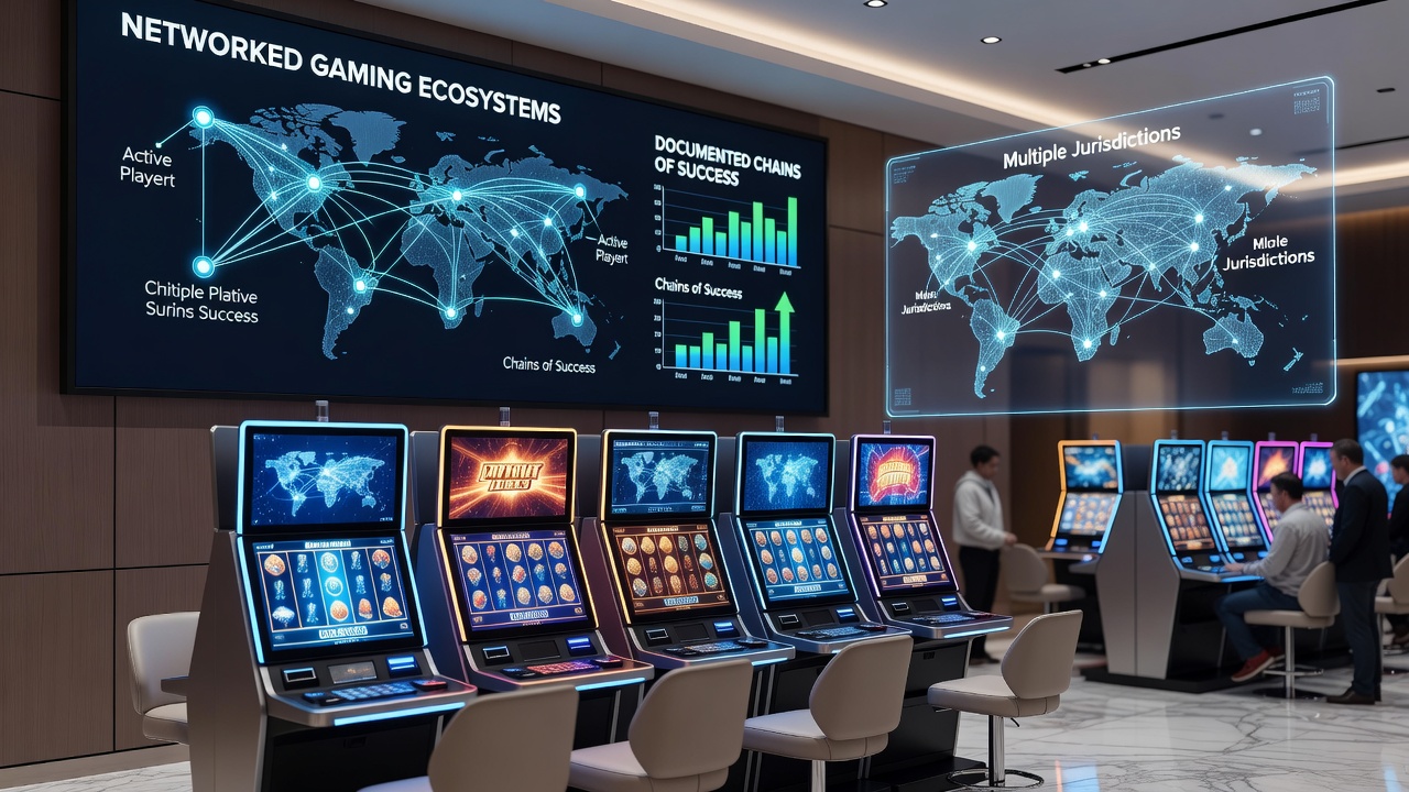 World map overlay with connected slot terminals highlighting progressive jackpot triggers