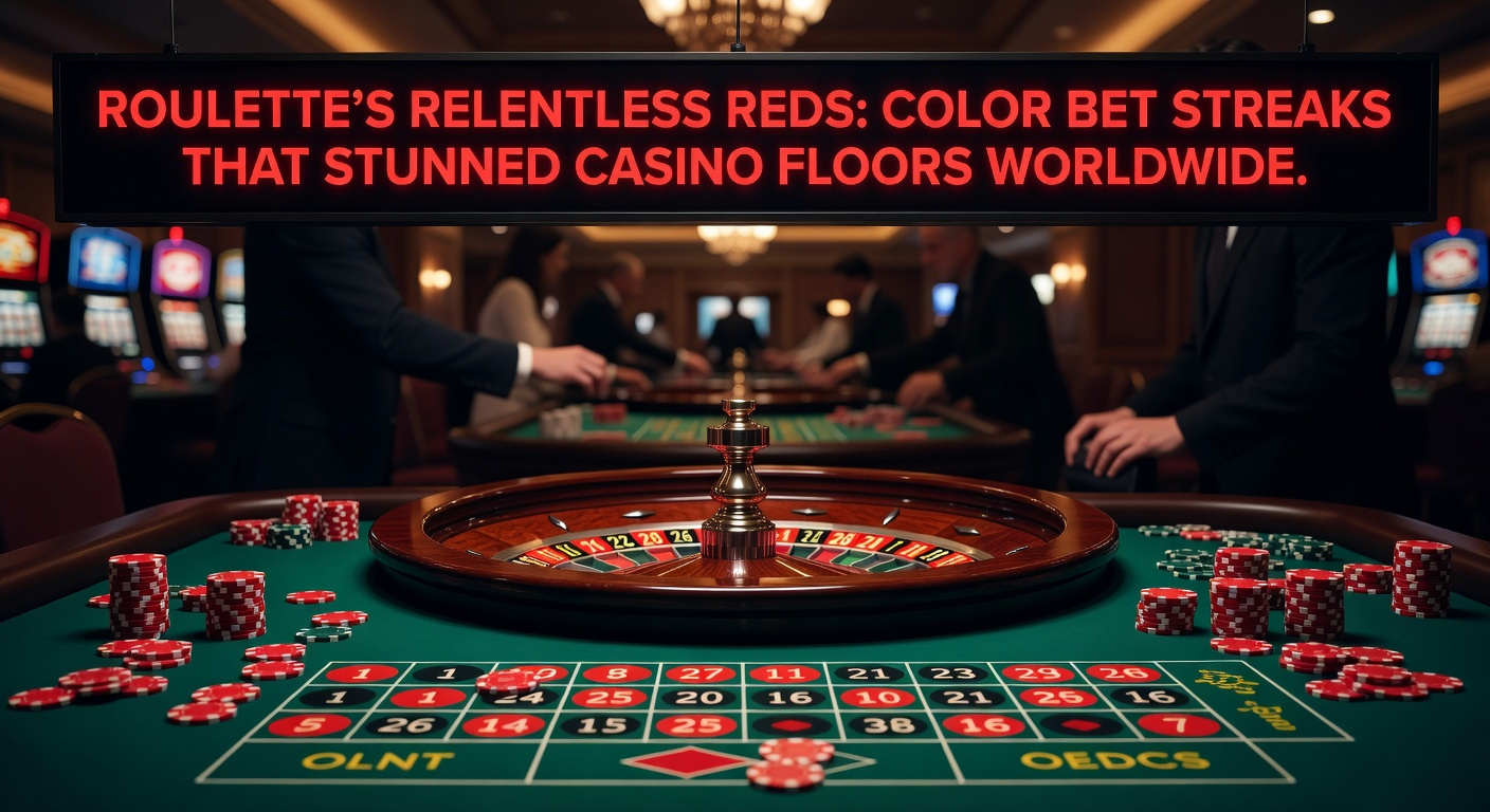 A vibrant roulette wheel mid-spin with a red pocket catching the light amid cheering casino patrons, capturing the thrill of an improbable streak