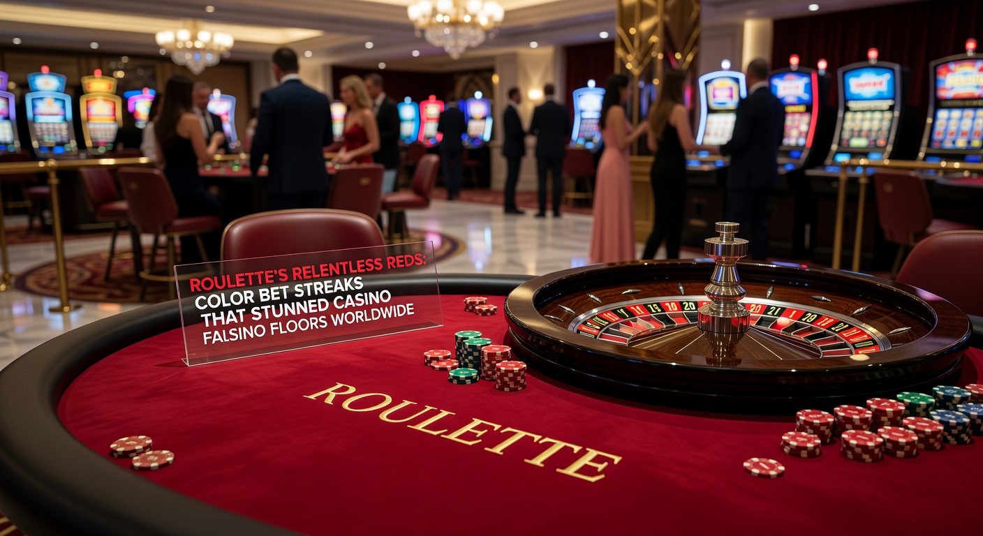 Close-up of red roulette chips stacked high next to a spinning wheel landing on red yet again, with blurred background of stunned onlookers