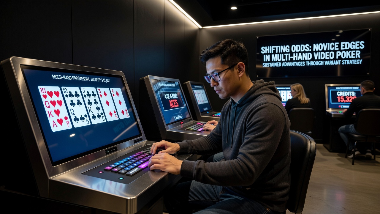 Multi-hand video poker machines in a dimly lit obscure card room with players seated at terminals