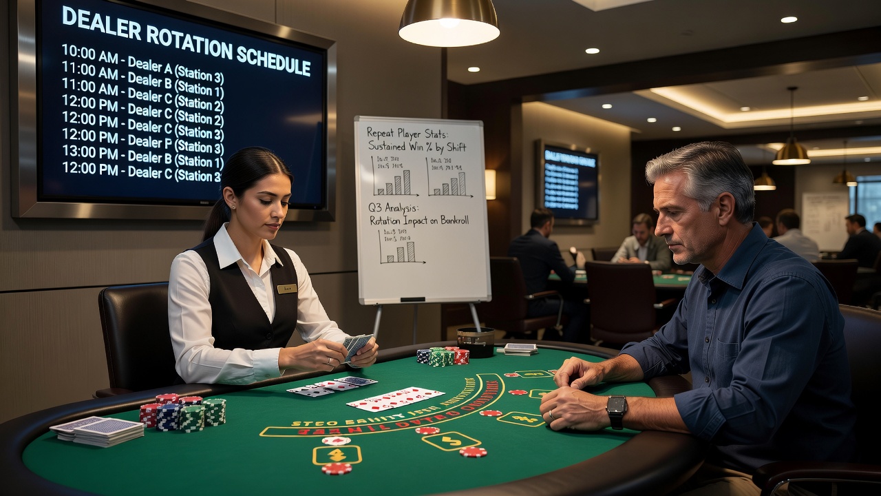 Nevada blackjack table with dealer preparing to rotate during a busy shift at a Las Vegas card room