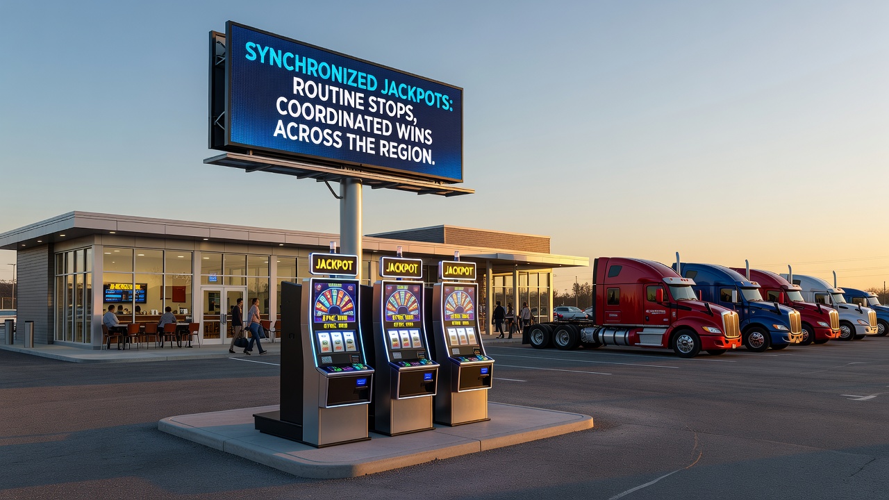 Map of regional truck stop slot networks showing linked progressive jackpot locations