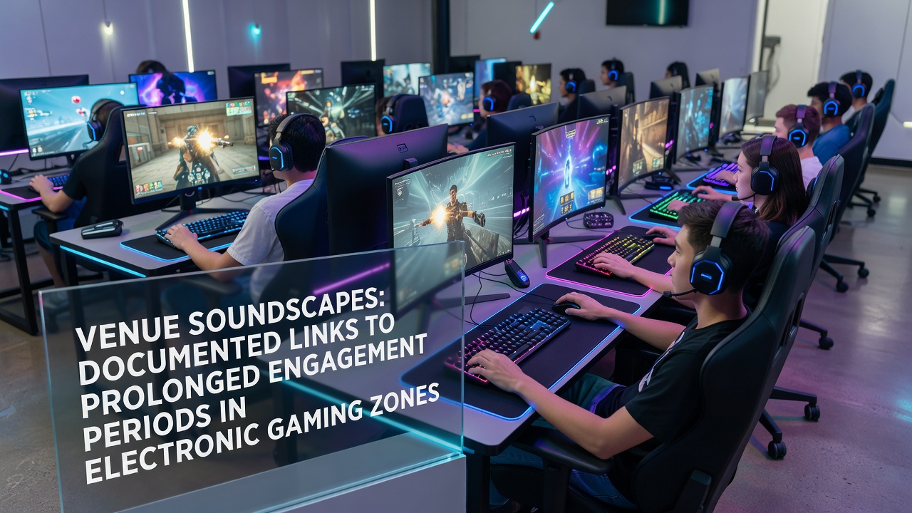 Electronic gaming zone interior with ambient lighting and speaker arrays positioned above rows of machines